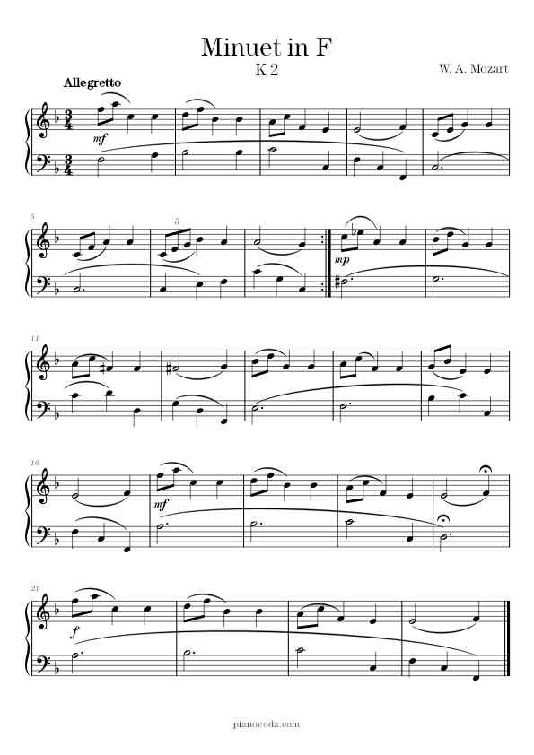 Minuet in F Major K2 by W. A. Mozart sheet music