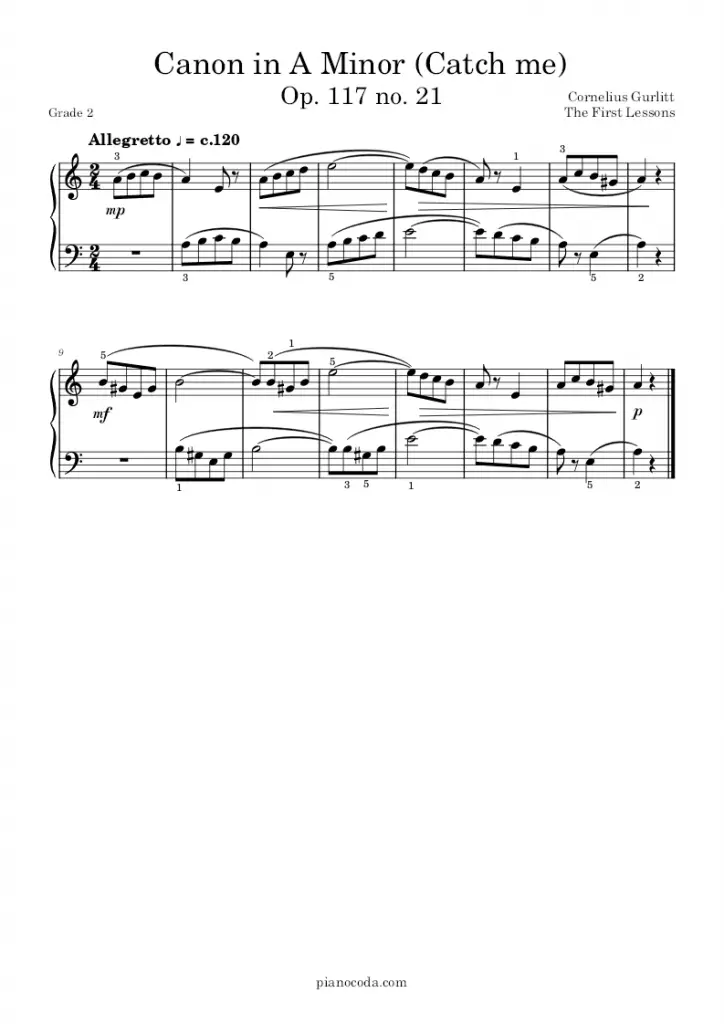 Canon in A Minor (Catch me) Op. 117 no. 21 by Cornelius Gurlitt sheet music