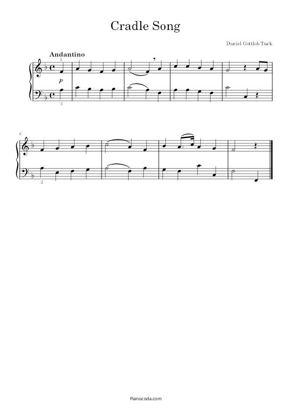 Piano sheet music of Cradle Song by Türk