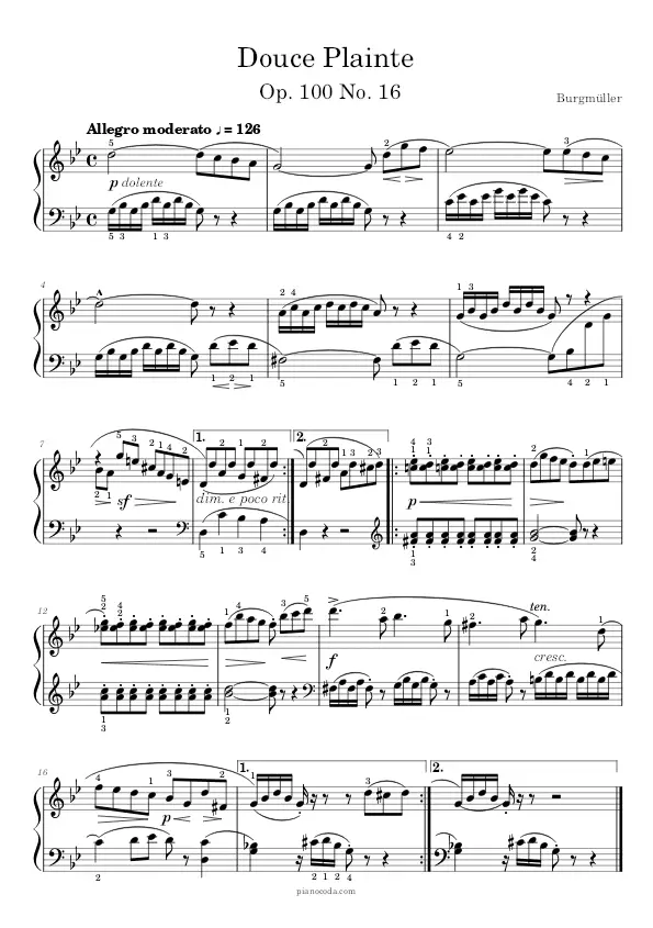 Douce Plainte Op. 100 No. 16 Burgmüller PDF sheet music