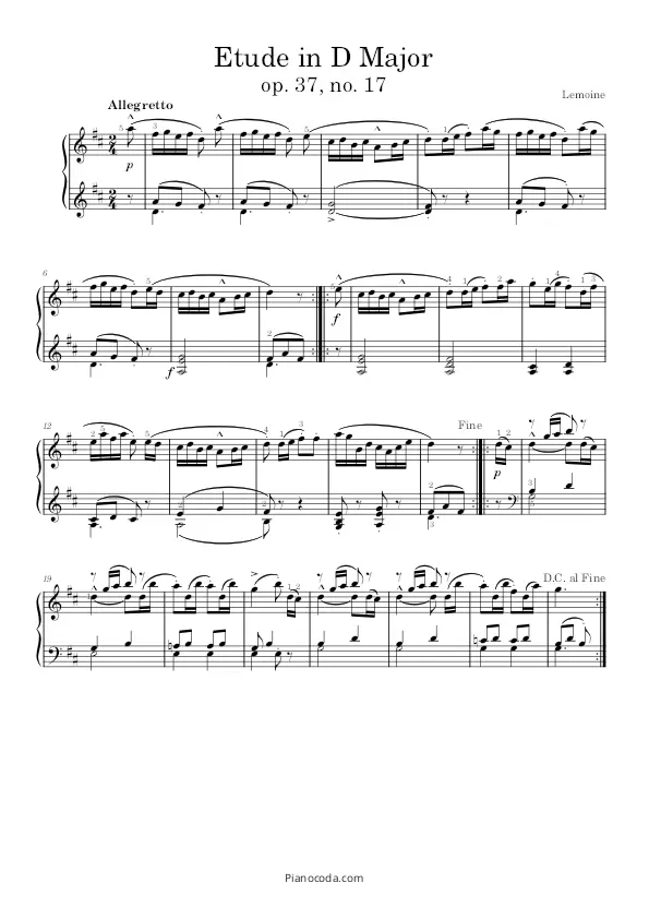 Etude in D Major op. 37 no. 17 Lemoine pdf sheet music