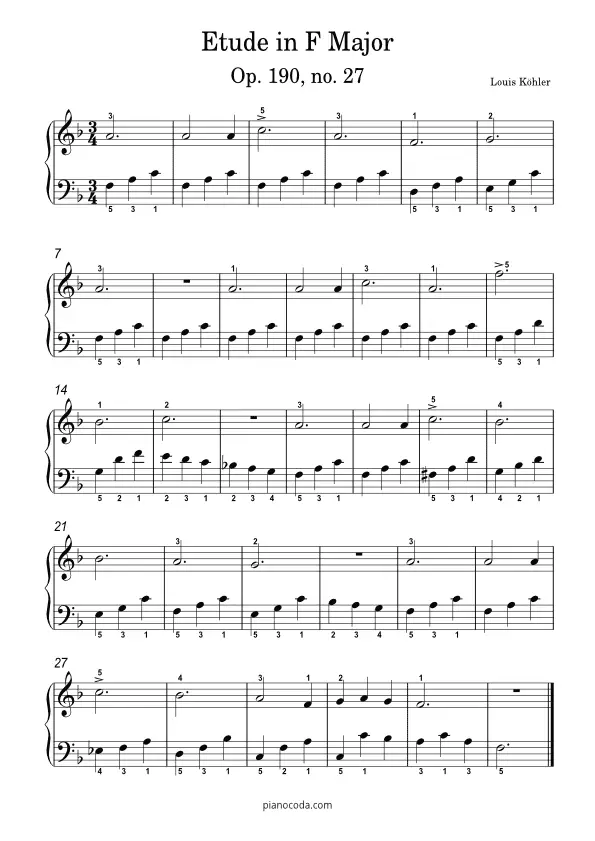 Etude in F Major Op. 190 no. 27 by Kohler PDF sheet music
