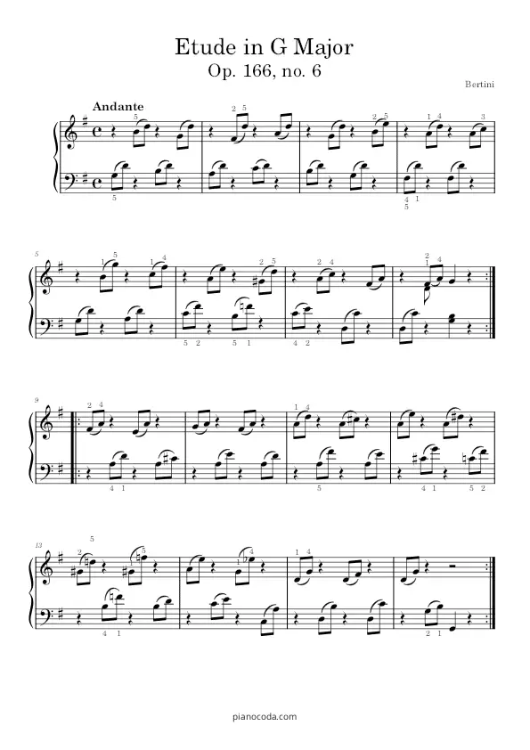 Etude in G Major op. 166 no. 6 by Bertini PDF sheet music