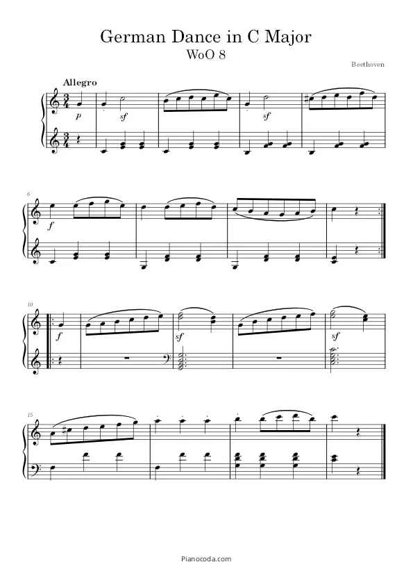 Sheet music of German Dance in C major WoO 8 no. 1 by Beethoven