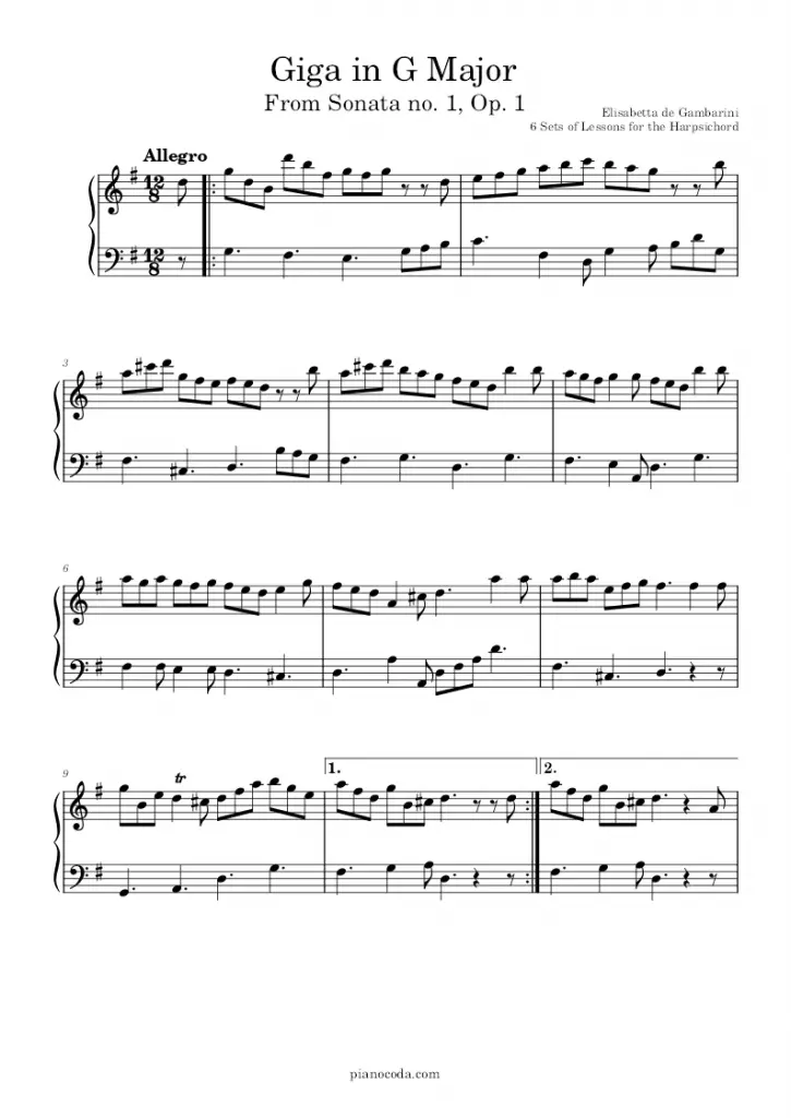 Giga in G Major from Sonata No. 1 by Elisabetta de Gambarini sheet music