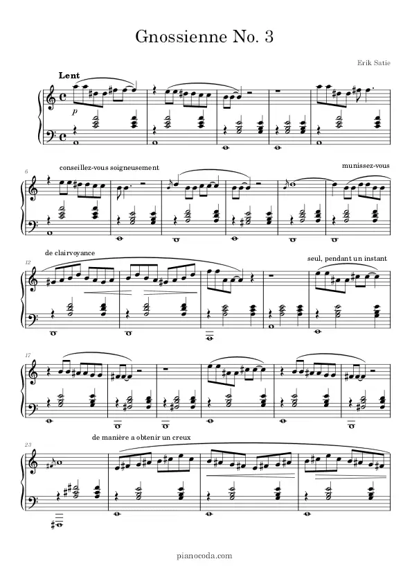 Gnossienne No. 3 by Erik Satie piano sheet music