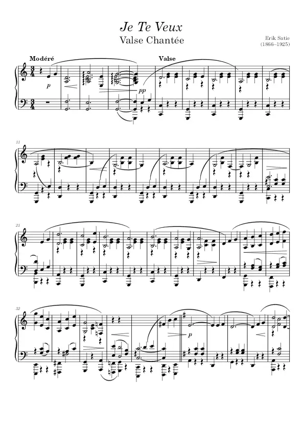 Je Te Veux by Erik Satie piano sheet music