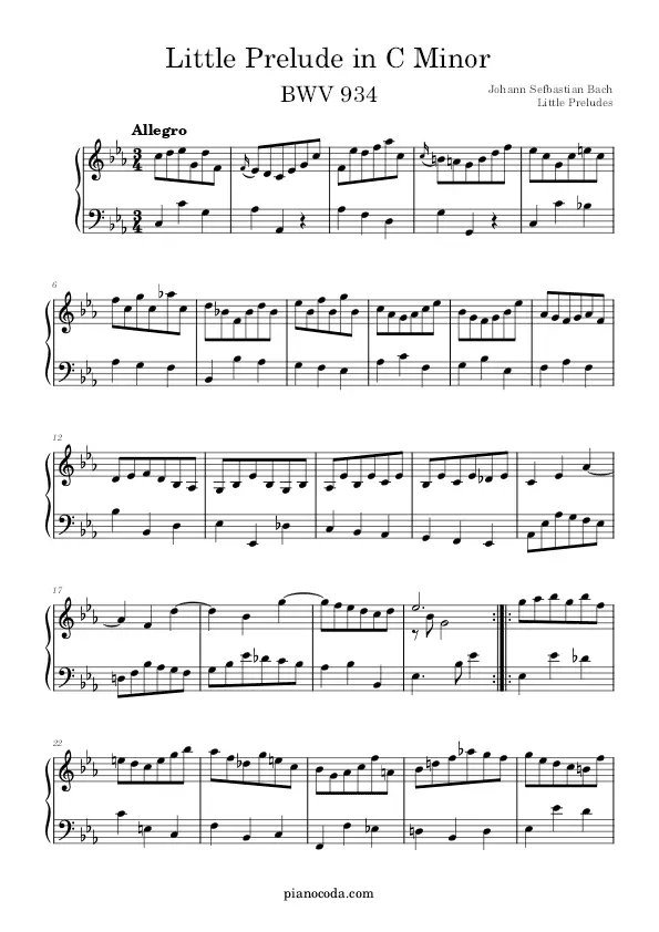 Little Prelude in C Minor BWV 934 piano sheet music