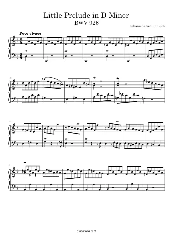 Little Prelude in D minor BWV 926 piano sheet music