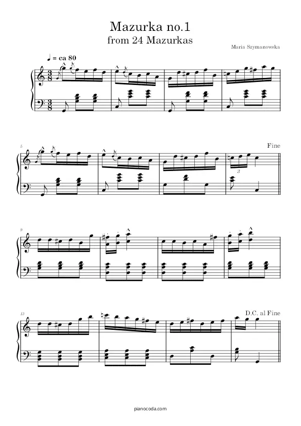 Mazurka no. 1 from 24 Mazurkas Maria Szymanowska PDF sheet music