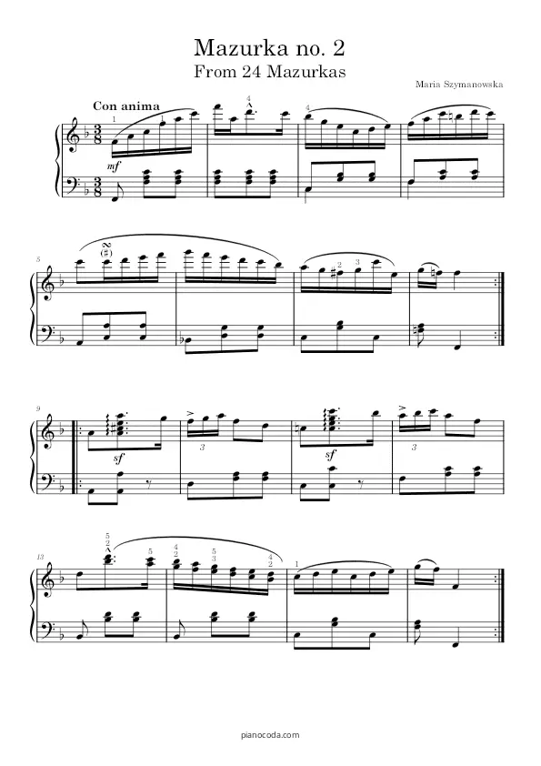Mazurka no. 2 from 24 Mazurkas Maria Szymanowska PDF sheet music