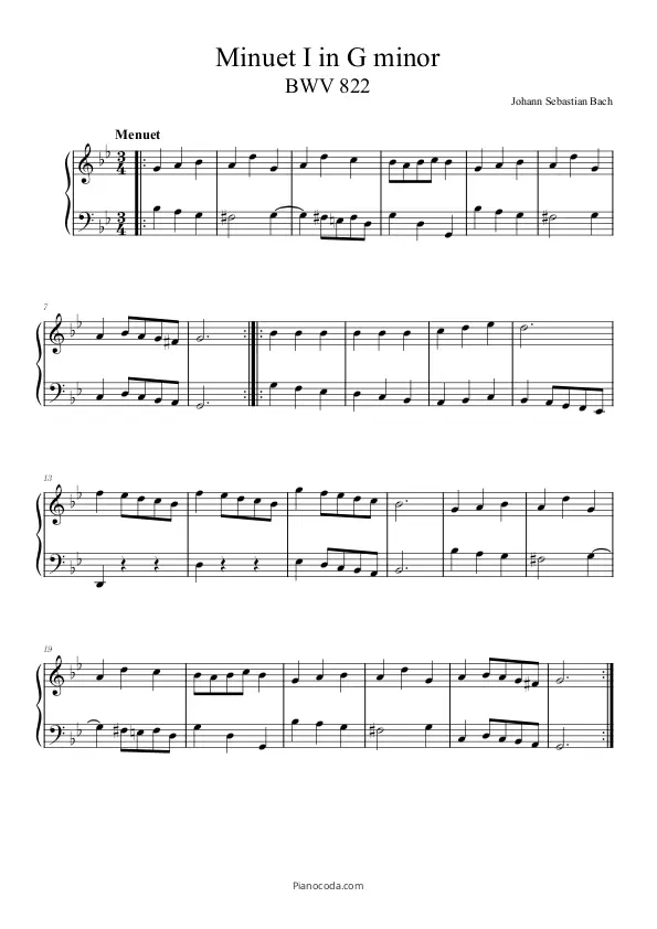 Bach Minuet I in G minor BWV 822 pdf sheet music