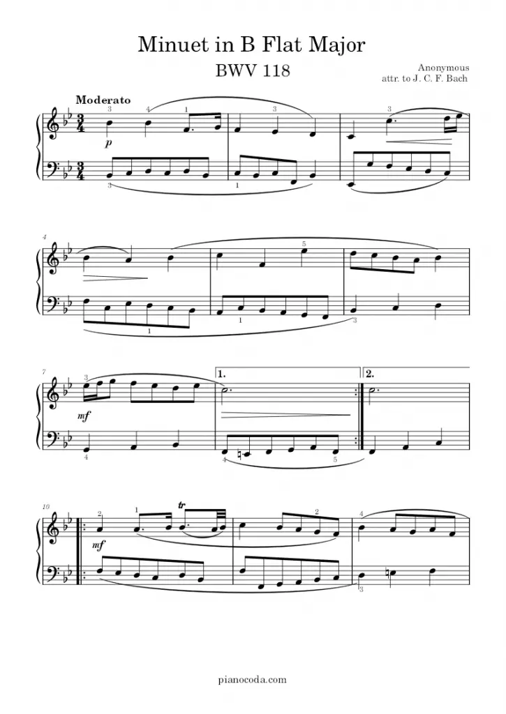 Minuet in B Flat Major BWV 118 Anonymous PDF sheet music