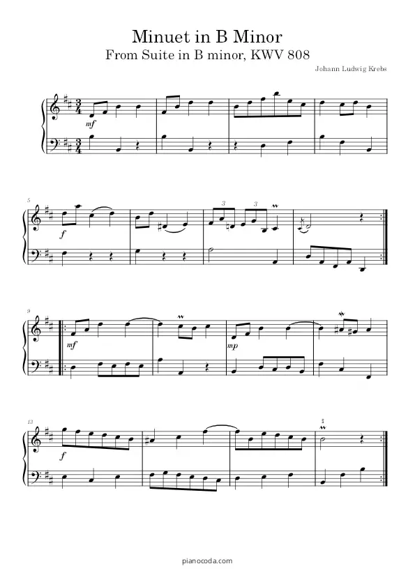 Minuet in B minor K 808 BY Johann Ludwig Krebs Piano sheet music