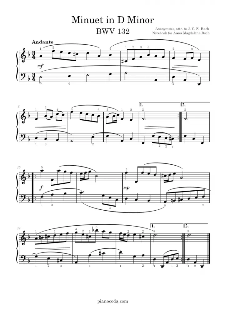Minuet in D Minor BWV 132 Anonymous PDF sheet music