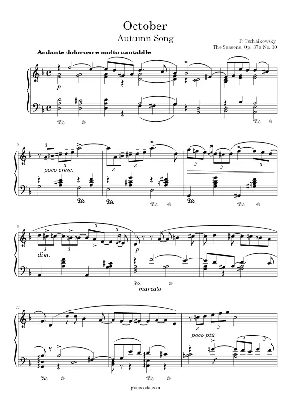 October (Autumn Song) by Tchaikovsky piano sheet music