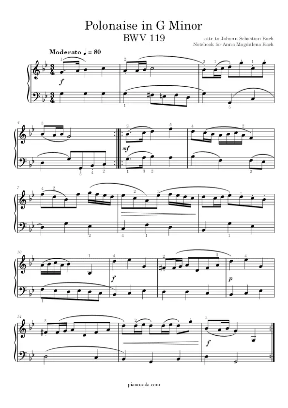 Polonaise in G Minor BWV 119 by Bach piano sheet music