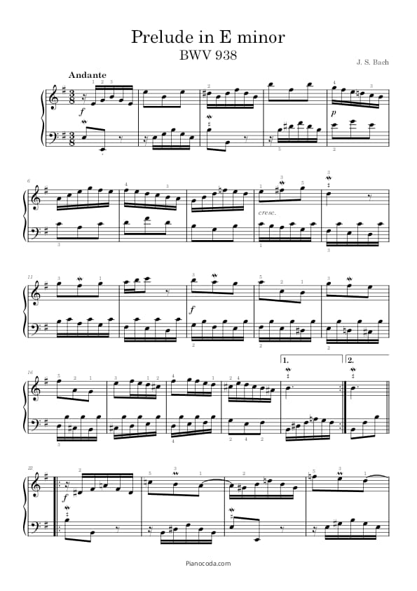 Bach Prelude in E minor BWV 938 PDF sheet music