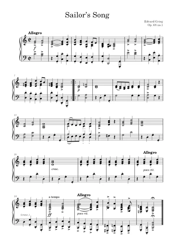 Sailor song sheet music Edvard Grieg
