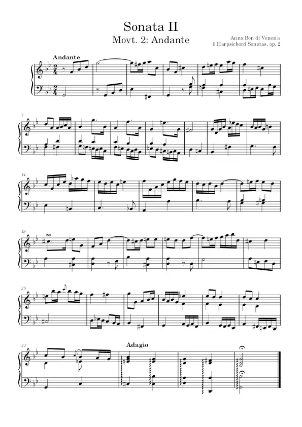 Sonata II Op. 2 no. 2 Andante Anna Bon di Venezia PDF sheet music