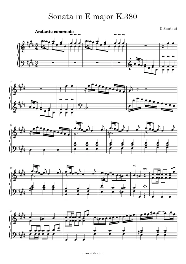 Sonata in E Major K 380 piano sheet music