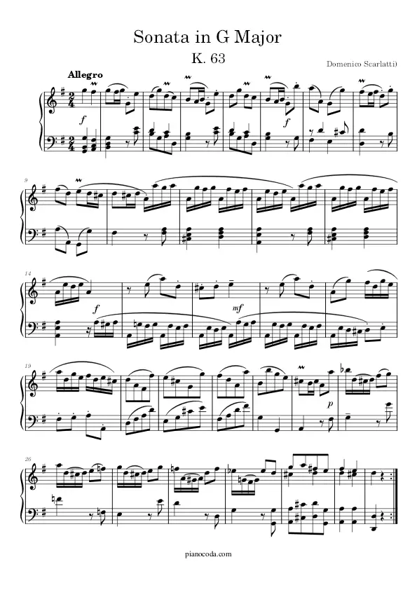 Sonata in G Major K 63 piano sheet music