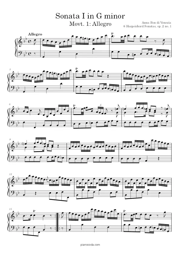 Sonata in G minor Op. 2 no. 1 Allegro Anna Bon di Venezia PDF sheet music