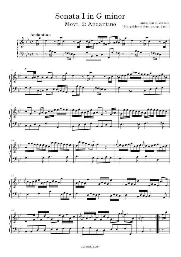 Sonata in G minor Op. 2 no. 1 Andantino Anna Bon di Venezia PDF sheet music