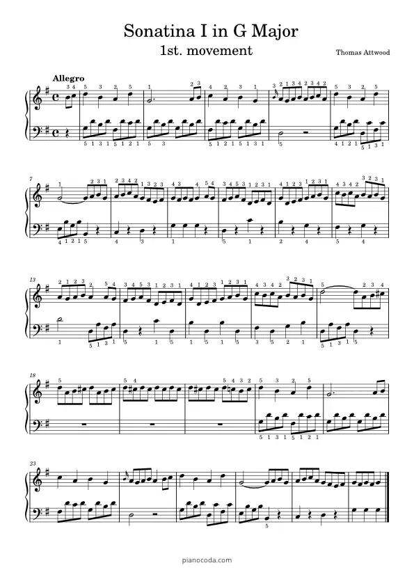 Sonatina I in G 1st. Mov. Allegro by Thomas Attwood PDF sheet music