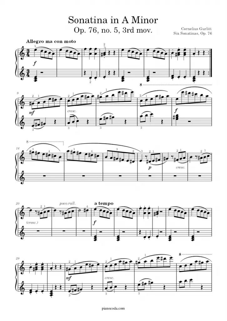 Sonatina in A Minor Op. 76, no. 5 mov. 3 by Cornelius Gurlitt sheet music