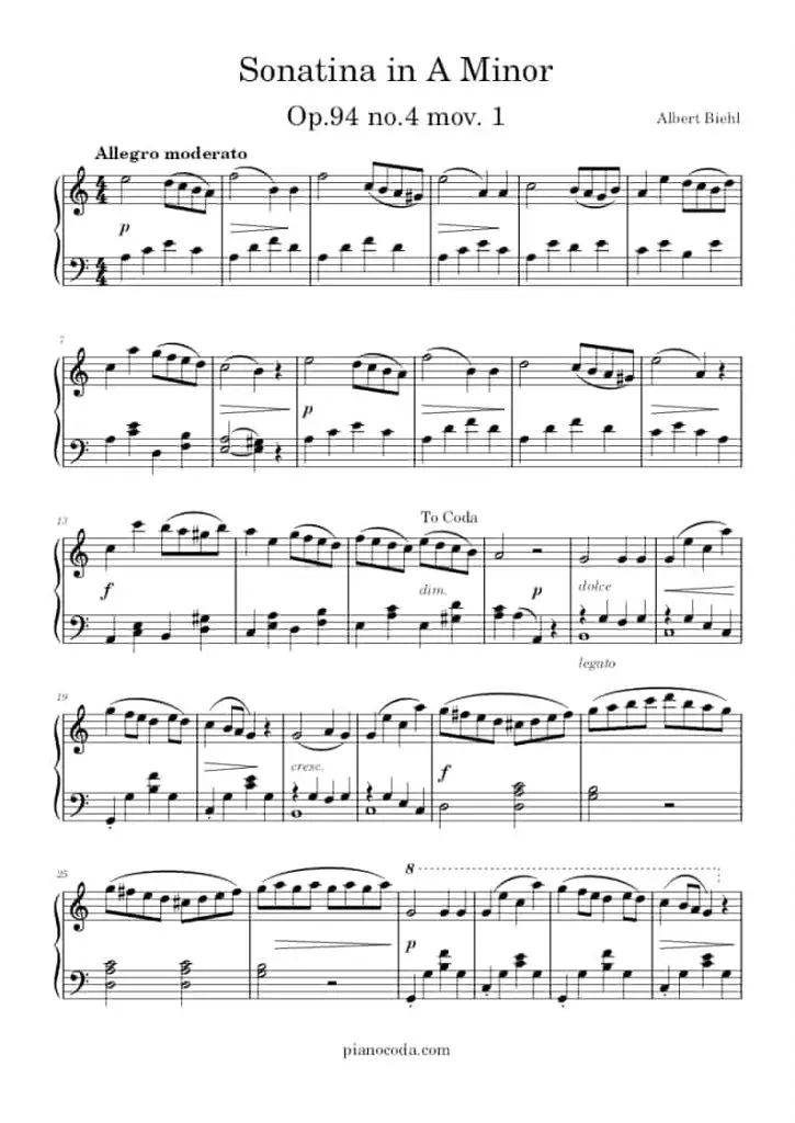 Sonatina in A Minor Op. 94 no. 4 mov. 1 Albert Biehl PDF sheet music