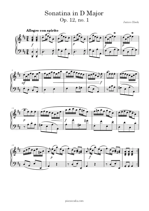 Sonatina in D Major Op. 12 no. 1 James Hook PDF sheet music