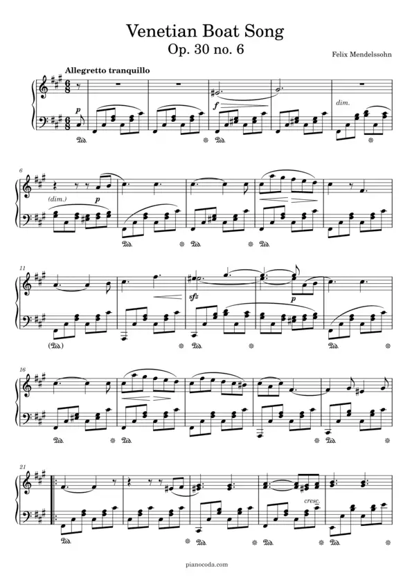 Venetian Boat Song Op 30 No 6 by Felix Mendelssohn sheet music