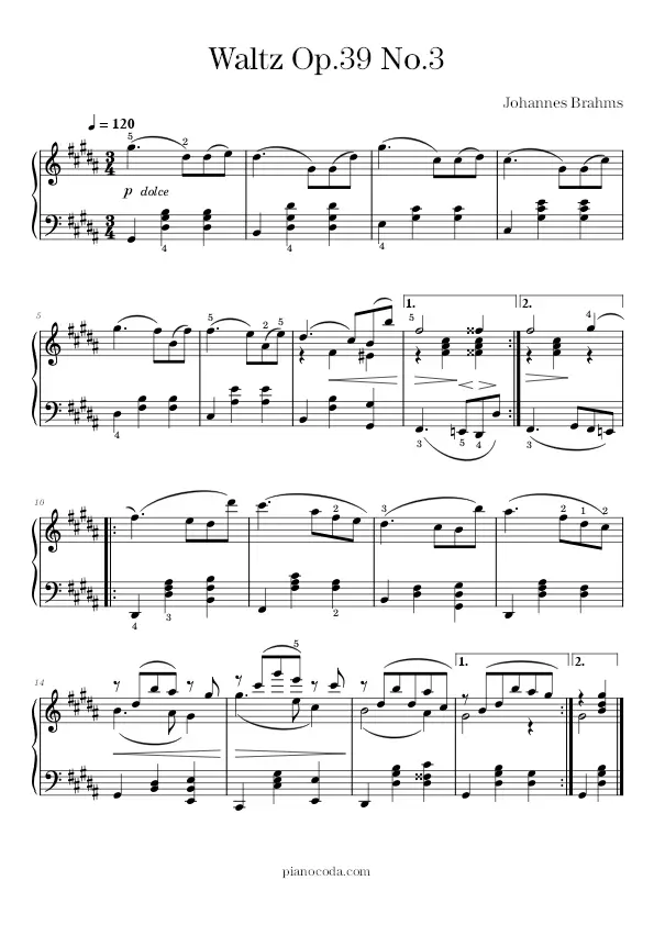 Waltz Op. 39 No. 3 Johannes Brahms sheet music