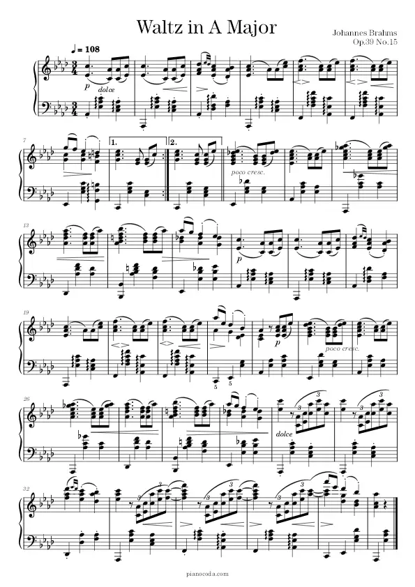 Waltz in A flat Op. 39 No. 15 Johannes Brahms sheet music