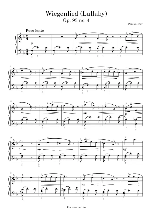 Wiegenlied (Lullaby) Op. 93 no. 4 by Paul Zilcher sheet music