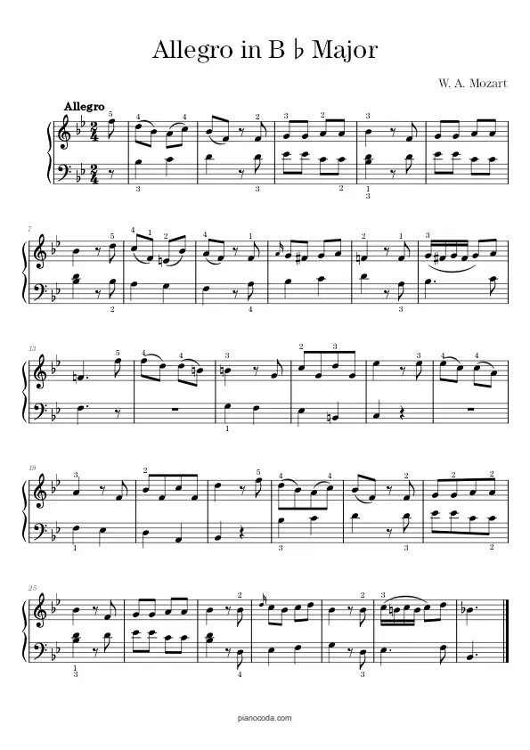 Allegro in B flat Major K 3 by W. A. Mozart sheet music
