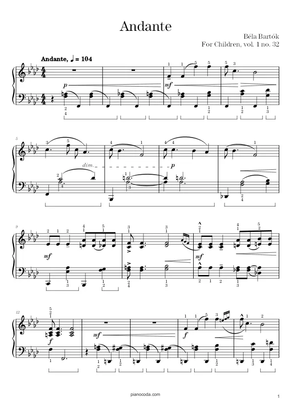 Andante (For Children, vol. 1 no. 32) by Béla Bartók sheet music