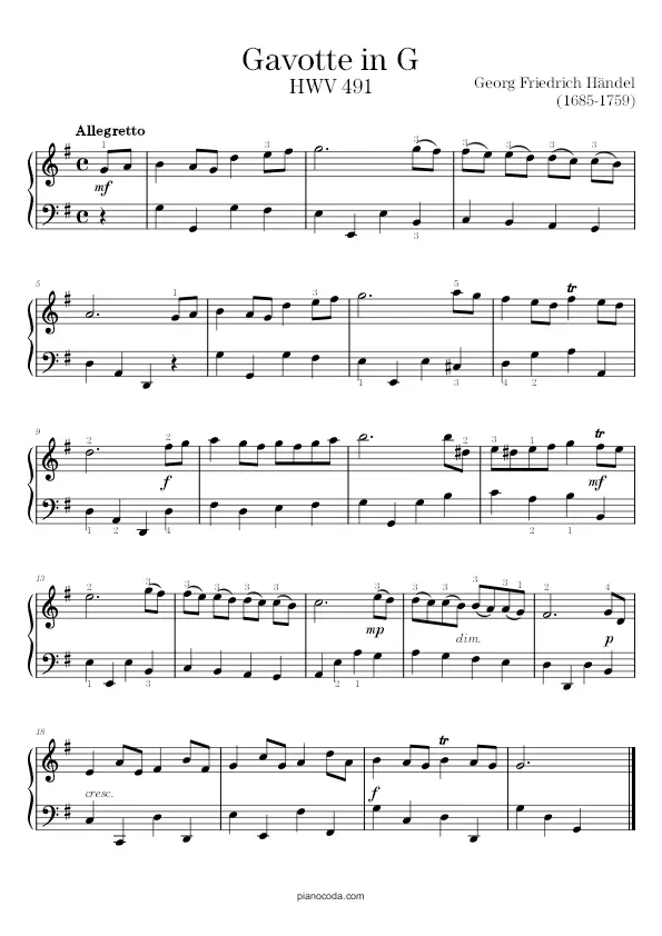 Gavotte in G HWV 491 by Handel sheet music