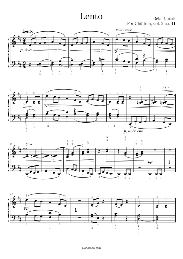 Lento (For Children vol. 2 no. 11) by Béla Bartók sheet music