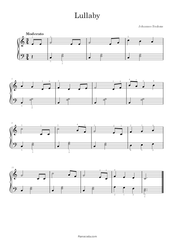 Lullaby by Johannes Brahms - piano sheet music