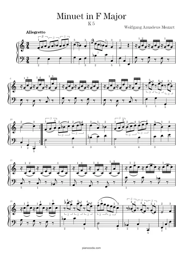 Minuet in F Major K 5 by W. A. Mozart sheet music