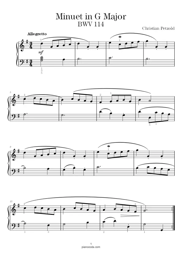 Minuet in G Major BWV 114 by Christian Petzold sheet music