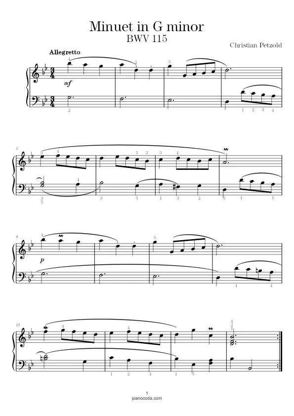 Minuet in G minor BWV 115 by Christian Petzold sheet music