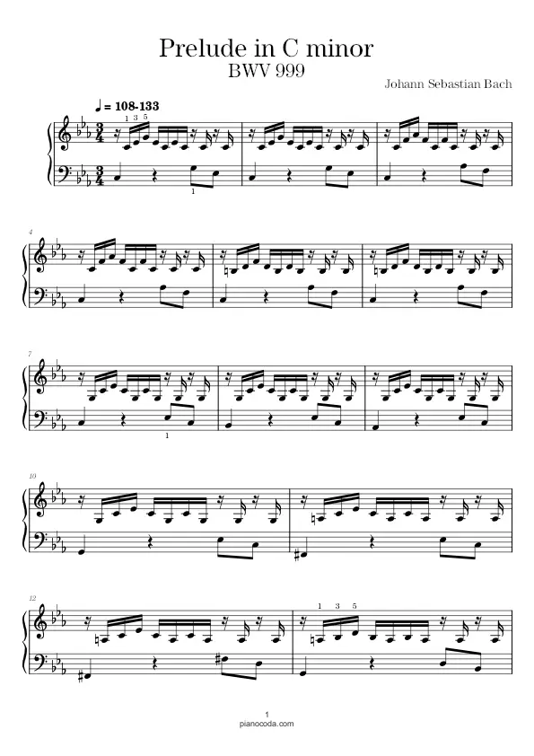 Prelude in C minor BWV 999 by J. S. Bach sheet music